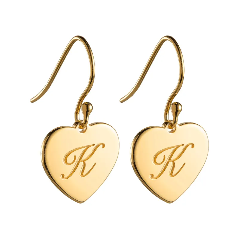 14K Gold over Sterling Engraved Initial Heart Dangle Earrings sold by Limoges Jewelry
