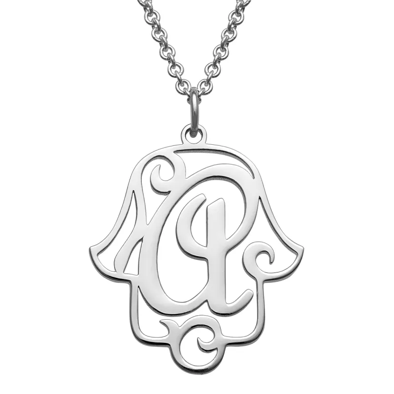 Sterling Silver Filigree Initial Hamsa Hand Necklace sold by Limoges Jewelry