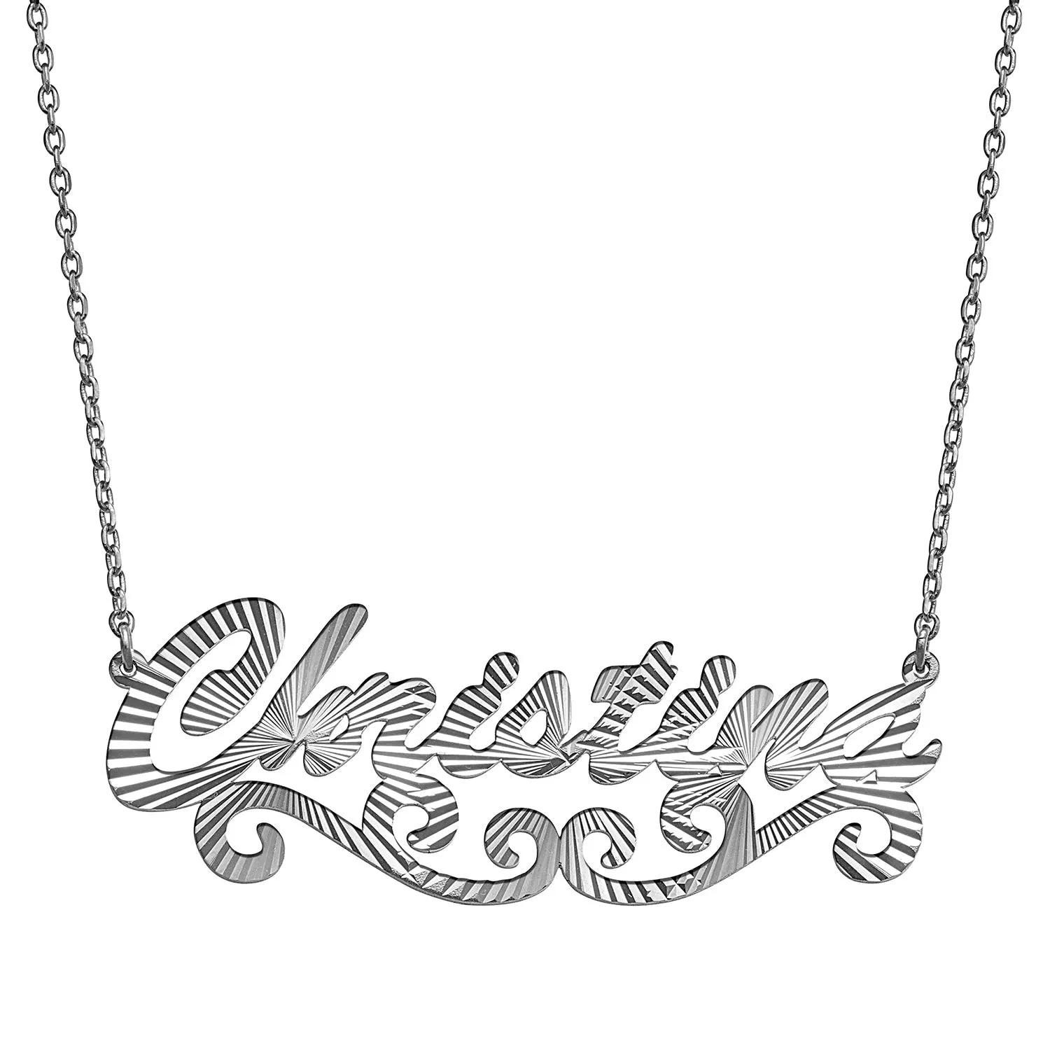 Diamond Cut Script Name Necklace with Swirl sold by Limoges Jewelry