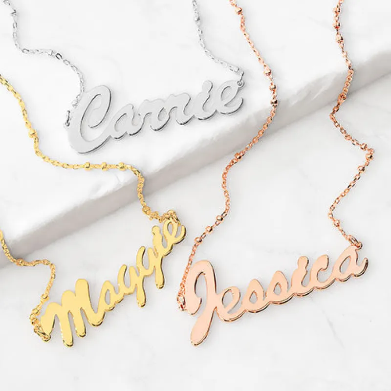 Sterling Silver Hollywood Script Name Station Beaded Chain Necklace sold by Limoges Jewelry