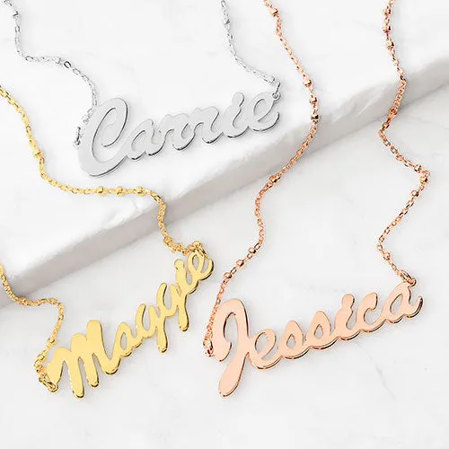 Sterling Silver Hollywood Script Name Station Beaded Chain Necklace sold by Limoges Jewelry