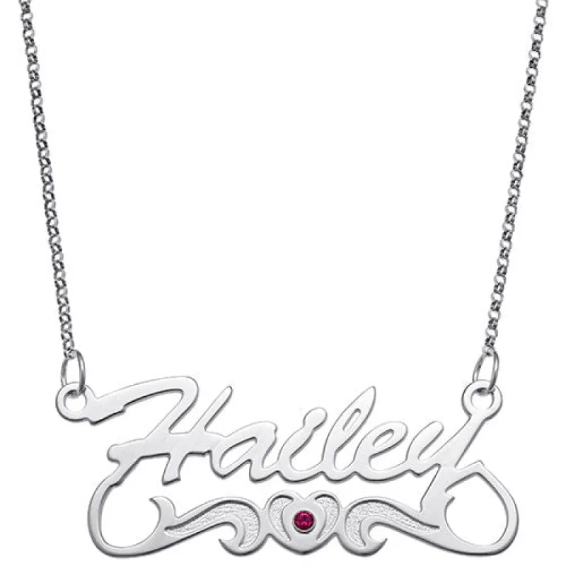 10K White Gold Script Name Necklace With Birthstone Heart made by Limoges Jewelry