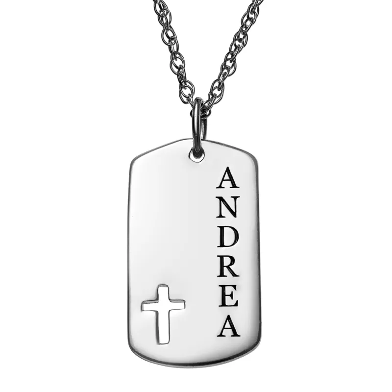 Sterling Silver Petite Engraved Dog Tag with Cut out Cross Pendant sold by Limoges Jewelry