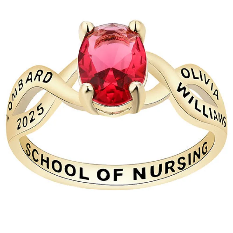 Women's Gold over Sterling Oval Birthstone Infinity Class Ring sold by Limoges Jewelry