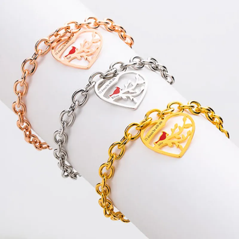 Engraved Memorial Heart with Cardinal Bracelet sold by Limoges Jewelry