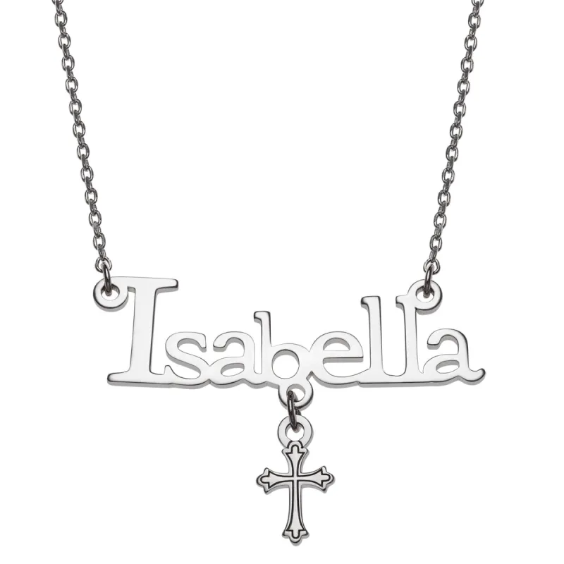 Sterling Silver Name with Cross Charm Necklace sold by Limoges Jewelry