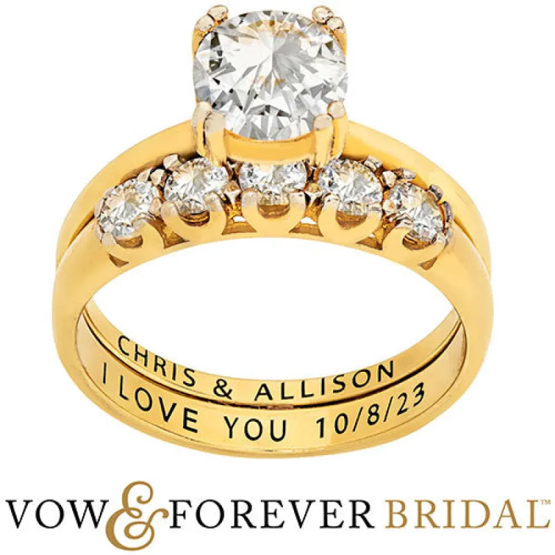 14K Gold over Sterling Round White Topaz 2-Piece Engraved Wedding Ring Set sold by Limoges Jewelry