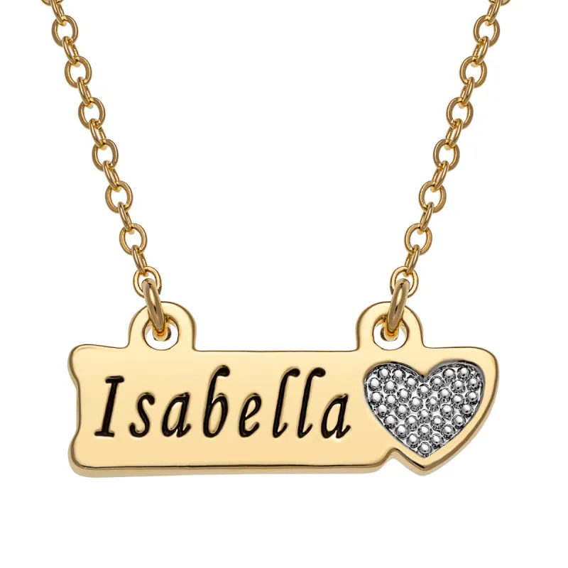 Two Tone Engraved Name with Heart Plaque Necklace sold by Limoges Jewelry