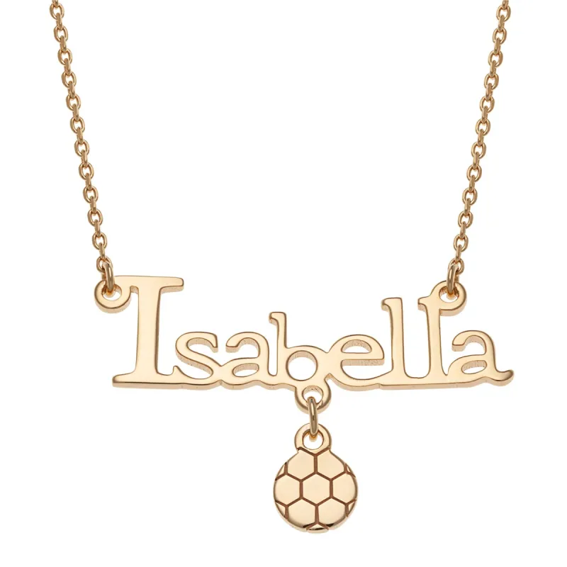14K Gold over Sterling Name with Soccer Ball Necklace sold by Limoges Jewelry
