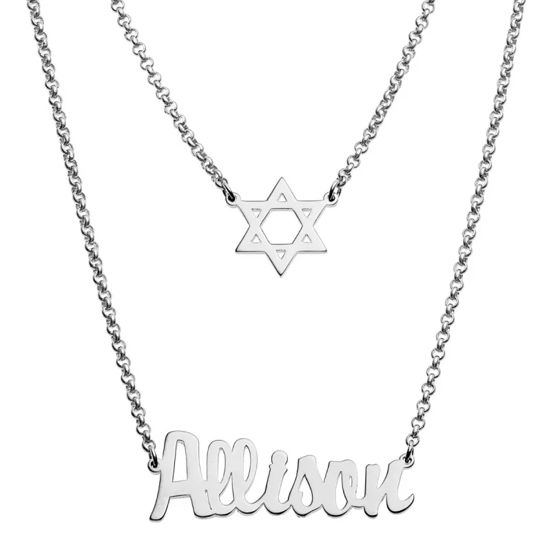 Silver Plated Name and Star of David Layered Double Necklace sold by Limoges Jewelry