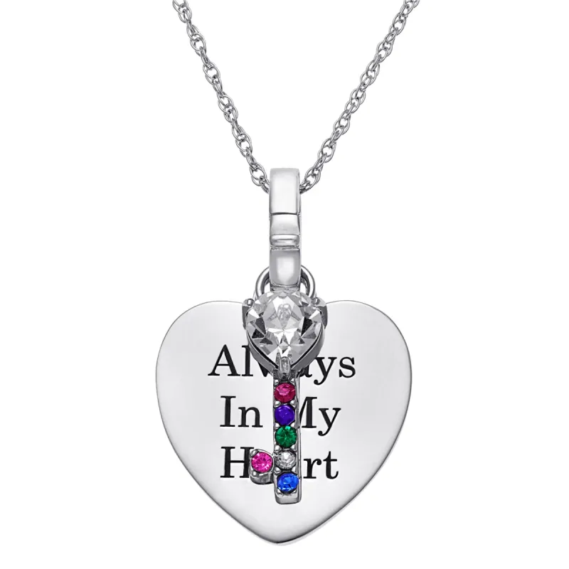 Sterling Silver Engraved Heart with Birthstone Key Necklace sold by Limoges Jewelry