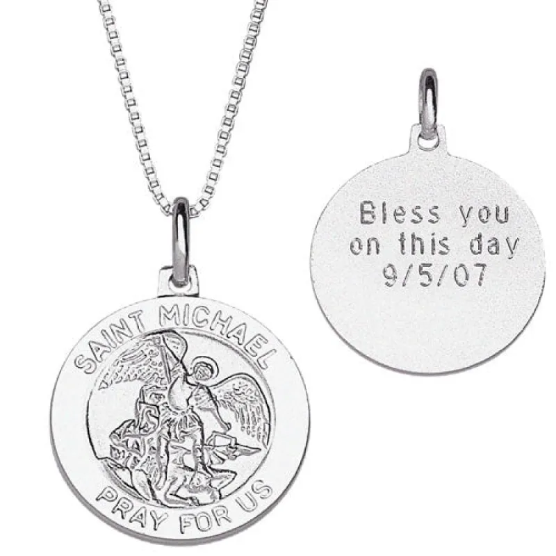 Sterling Silver St. Michael Engraved Medal Necklace sold by Limoges Jewelry