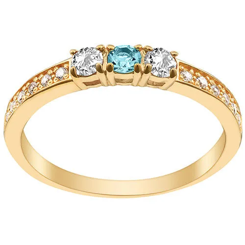 14K Gold Plated Simulated Blue Topaz and Clear Crystal 3-Stone Ring sold by Limoges Jewelry