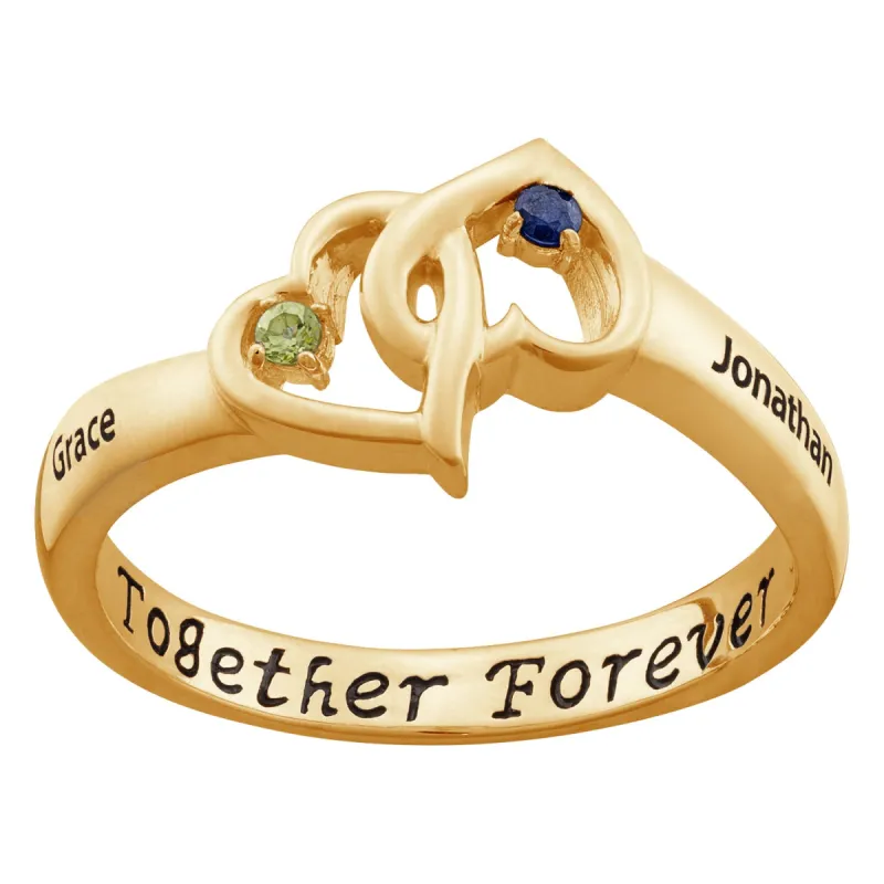 14K Gold over Sterling Couples Entwined Hearts Name and Birthstone Ring sold by Limoges Jewelry