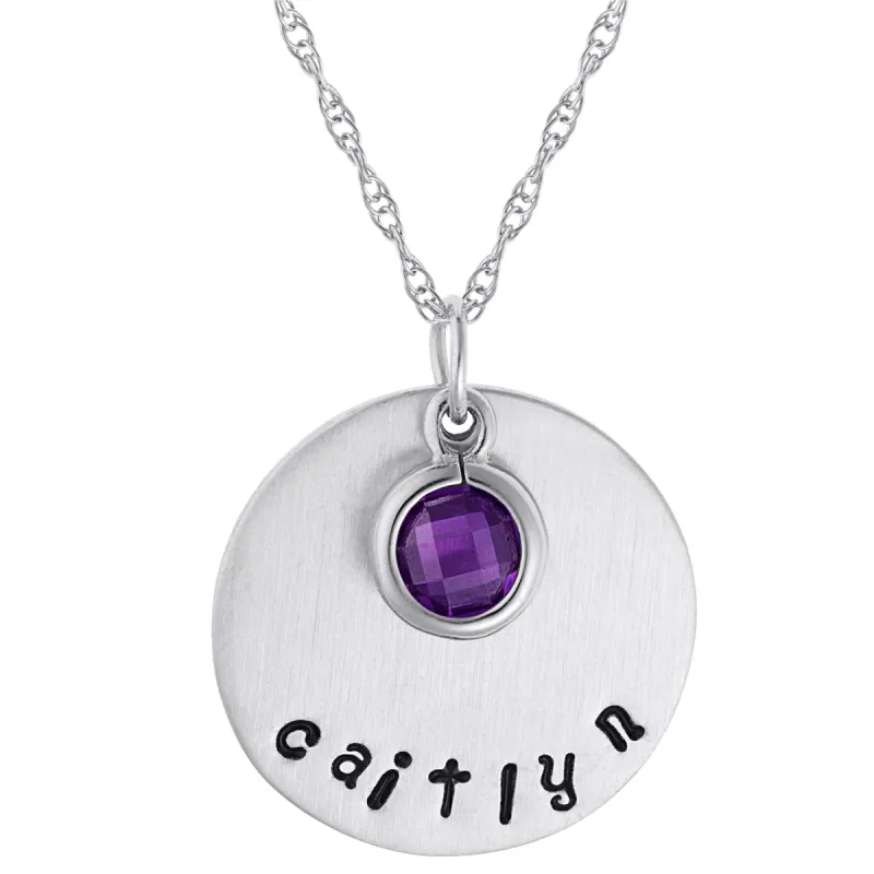 Sterling Silver Brushed Engraved Name and Birthstone Disc Pendant made by Limoges Jewelry