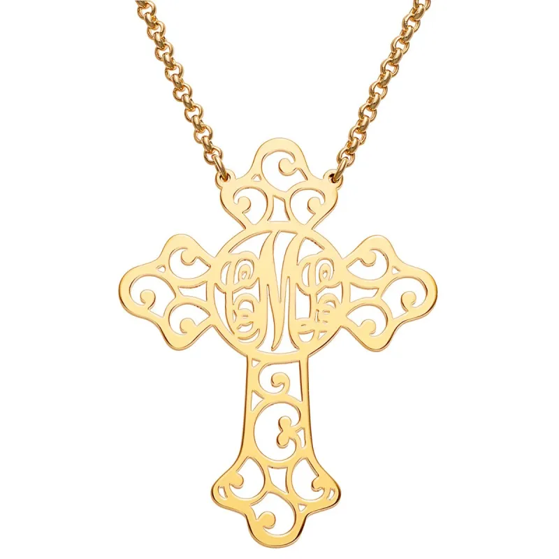 14K Gold Plated Filigree Cross with Monogram Necklace sold by Limoges Jewelry