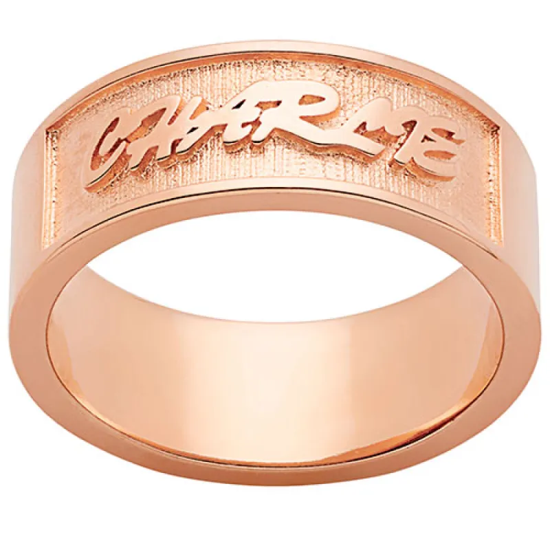 14K Rose Gold Plated Embossed Uppercase Script Name Band Ring sold by Limoges Jewelry