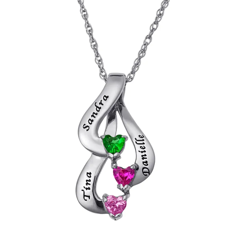 Sterling Silver Family or Sisters Name and Heart Birthstone Pendant sold by Limoges Jewelry