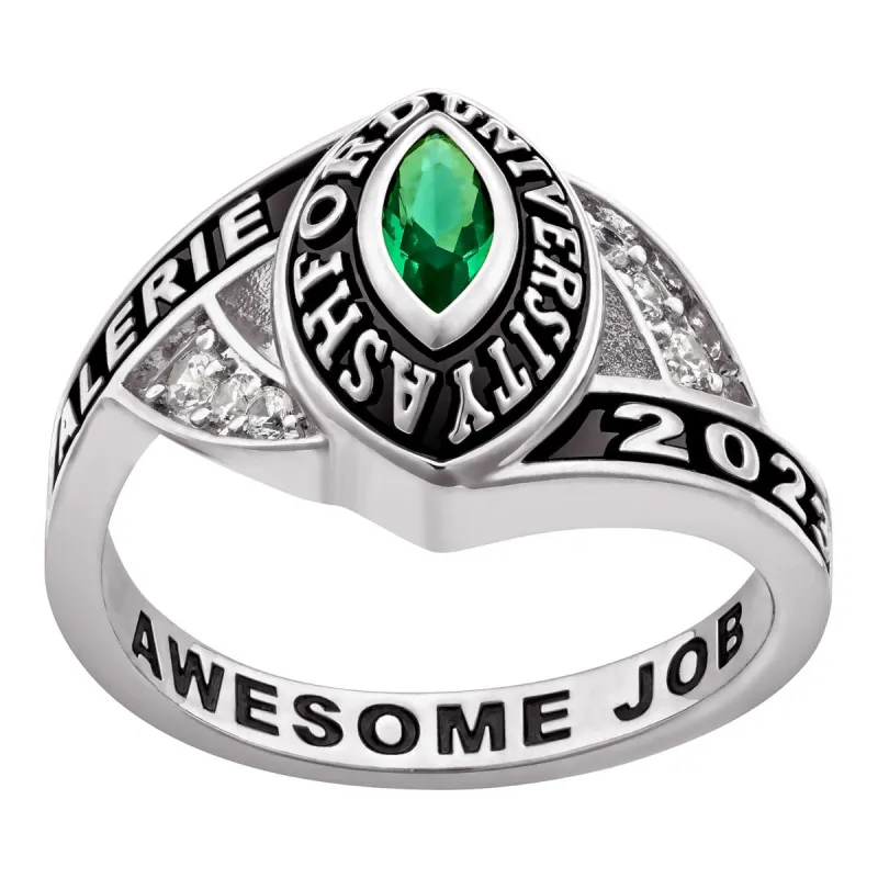Ladies' Platinum Plated Sterling Silver Marquise Birthstone Class Ring sold by Limoges Jewelry