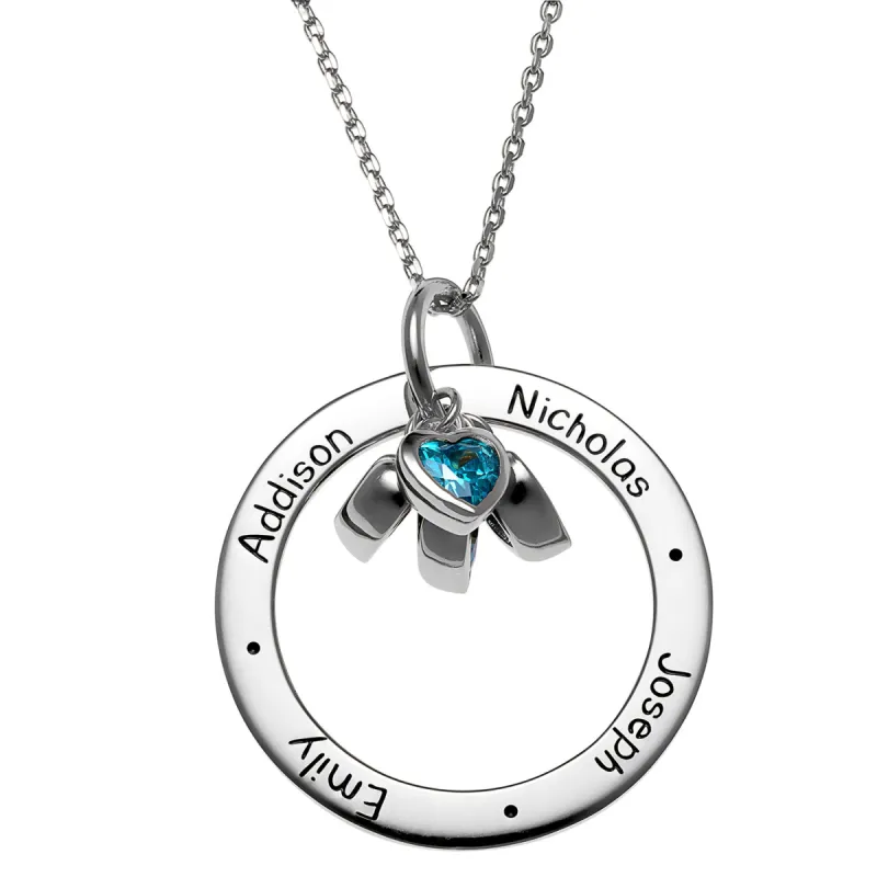 Sterling Silver Engraved Family Names Circle with Heart Birthstones Necklace sold by Limoges Jewelry