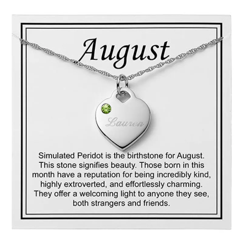 Silver Plated Engraved August Birthstone Heart Necklace sold by Limoges Jewelry