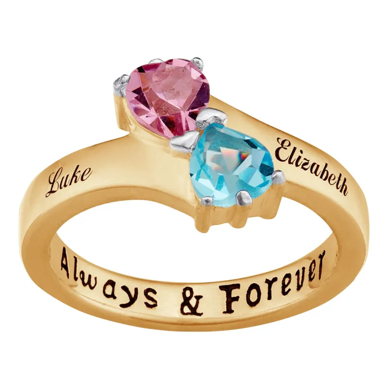 14K Gold over Sterling Couple's Name & Birthstone Hearts Ring sold by Limoges Jewelry
