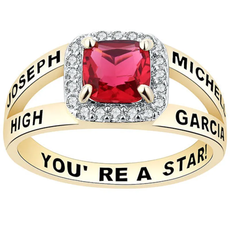 Women's Gold Over Sterling Split Band Square CZ Halo Birthstone Class Ring sold by Limoges Jewelry