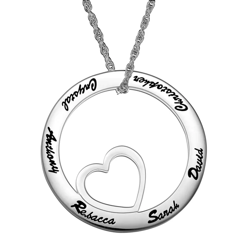 Sterling Silver Family Name Open Circle with Heart Necklace sold by Limoges Jewelry