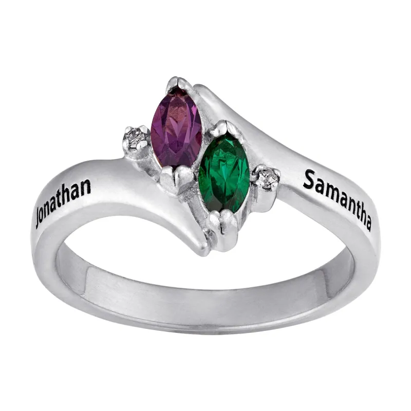 10K White Gold Couples Marquise Birthstone & Name Ring with Diamond Accent sold by Limoges Jewelry