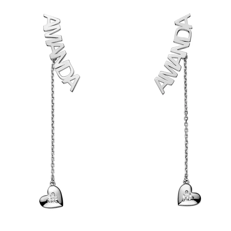 Sterling Silver Name with Birthstone Heart Dangle Crawler Earrings sold by Limoges Jewelry