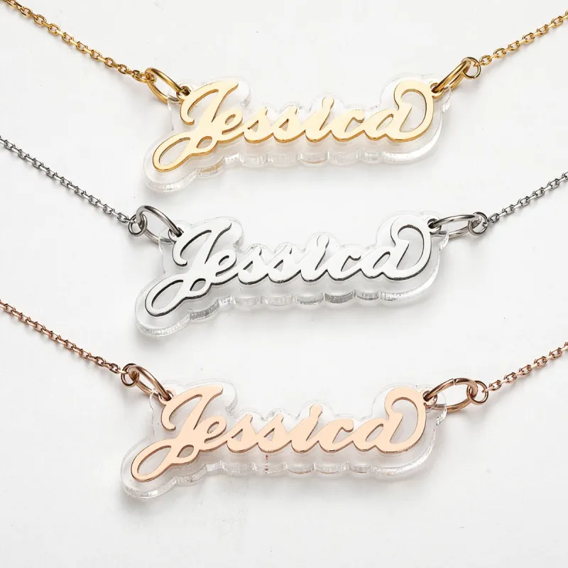 Stainless Steel Name on Translucent Plaque necklace sold by Limoges Jewelry