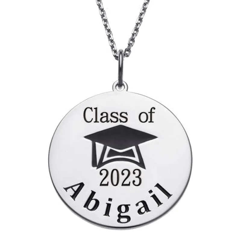 Sterling Silver Engraved Name Class of Disc with Grad Cap Necklace sold by Limoges Jewelry