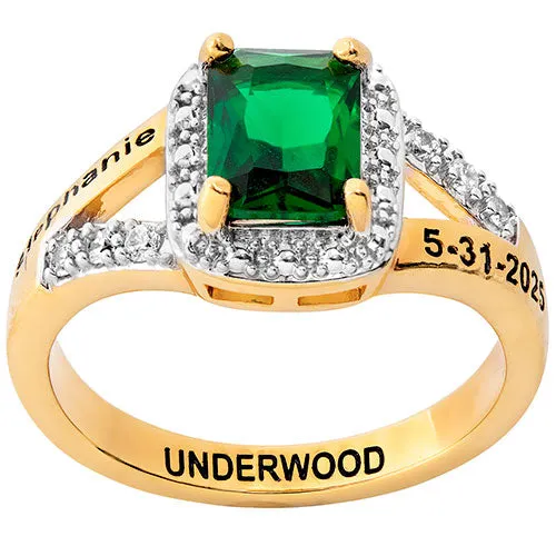 Ladies' 14K Gold Plated Emerald Cut Birthstone with CZ Freestyle Class Ring sold by Limoges Jewelry