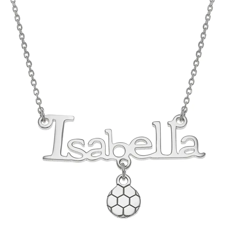 Sterling Silver Name with Soccer Ball Necklace sold by Limoges Jewelry