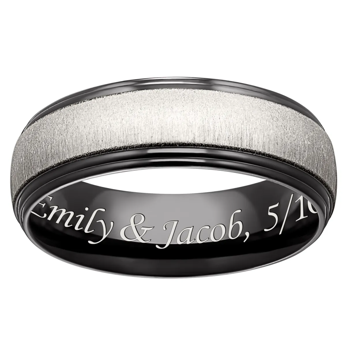 Black Titanium Two-Tone Beveled Engraved Band sold by Limoges Jewelry