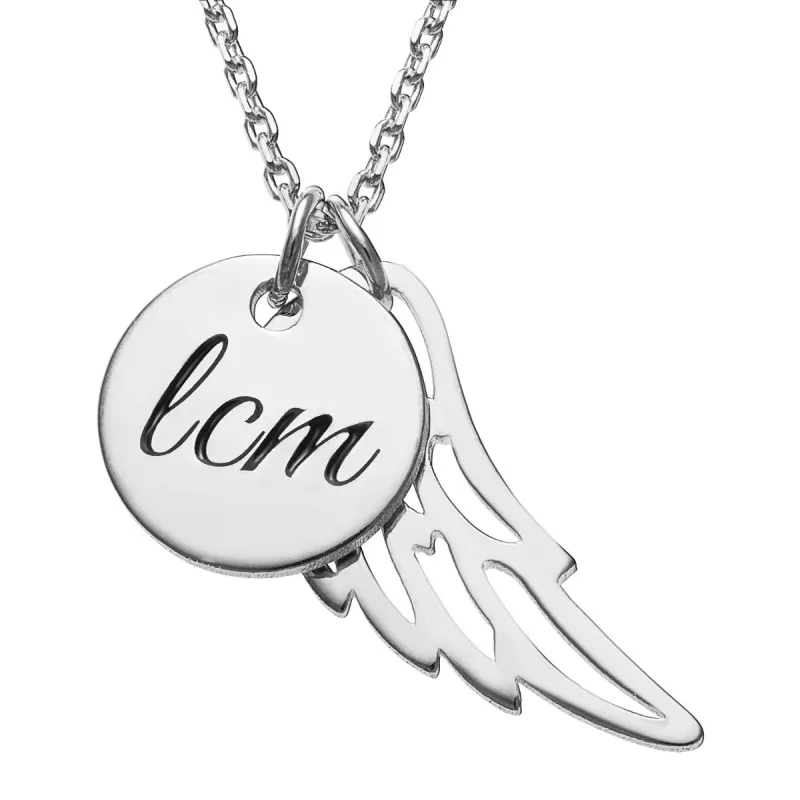 Silver Plated Engraved Initials Disc with Angel Wing Necklace sold by Limoges Jewelry