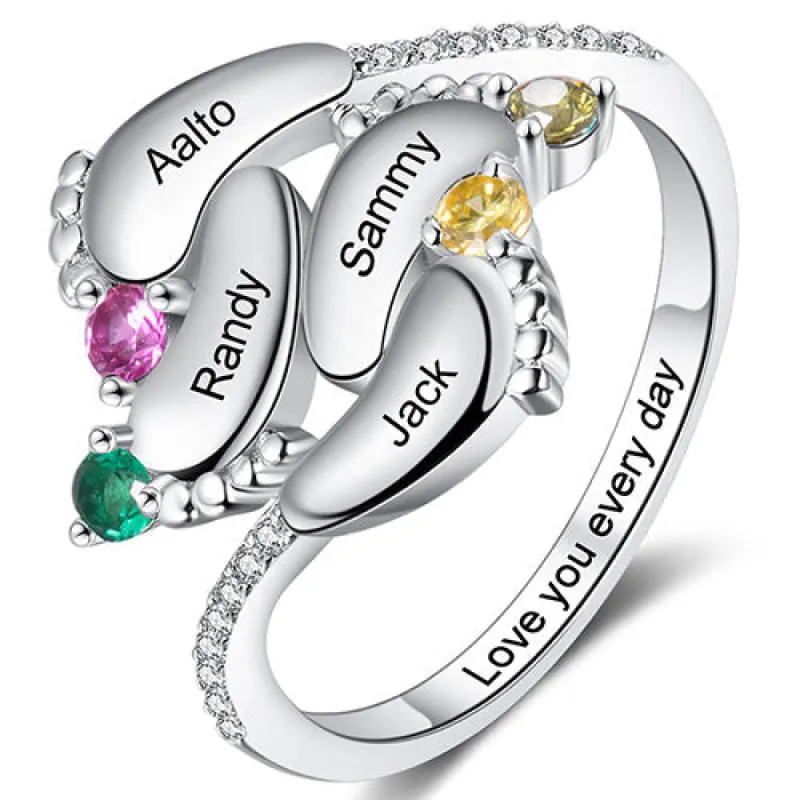 Silver Plated Engraved 4 Birthstone Footprints Family Ring sold by Limoges Jewelry