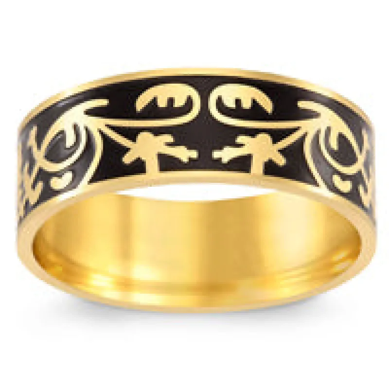 Black & Gold Titanium Ornate Scroll Engraved Message Band sold by Limoges Jewelry