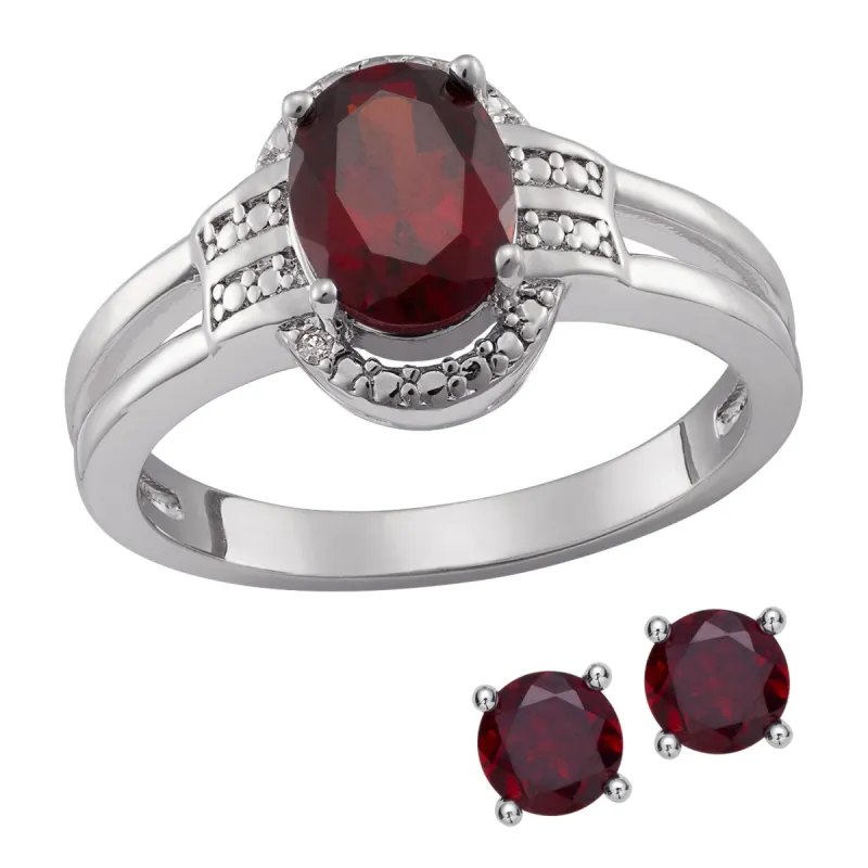 Genuine Garnet and Diamond Accent Ring with Earrings sold by Limoges Jewelry