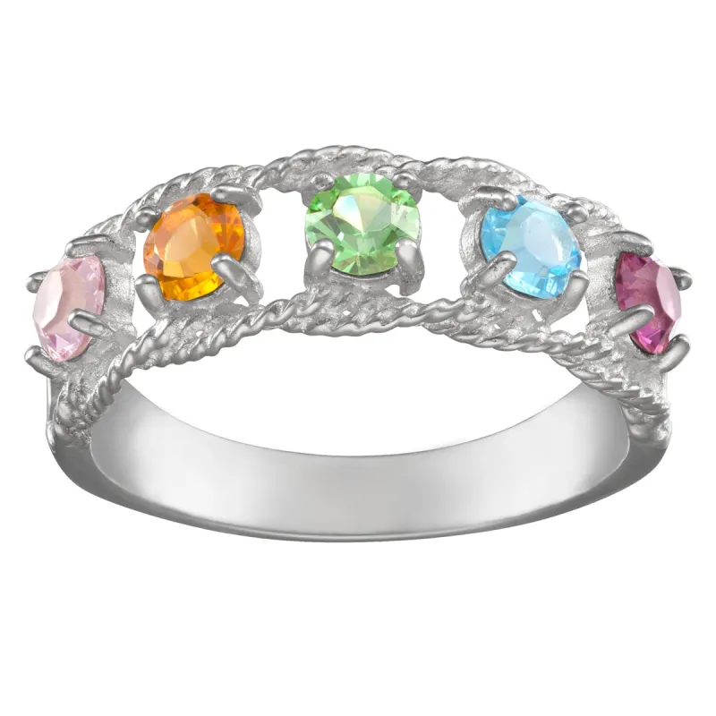 Sterling Silver Family Rope Birthstone Ring - 5 Stones sold by Limoges Jewelry