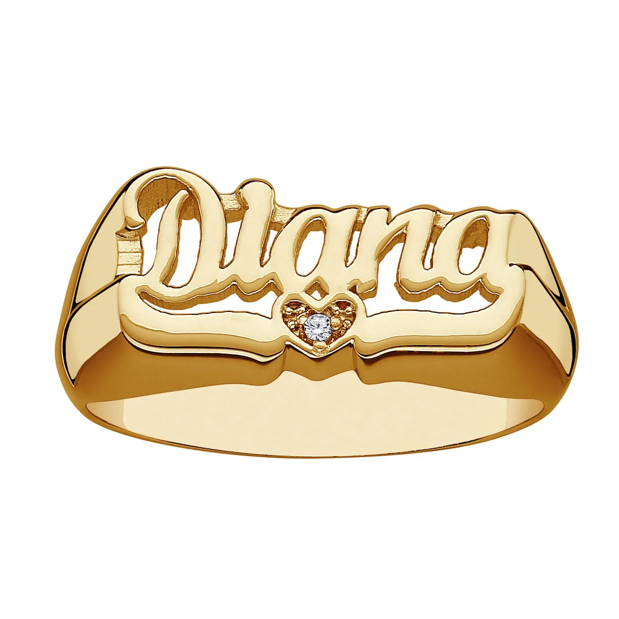 Ladies 14K Gold over Sterling Name Ring with Swirly Tail and Diamond accented Heart sold by Limoges Jewelry
