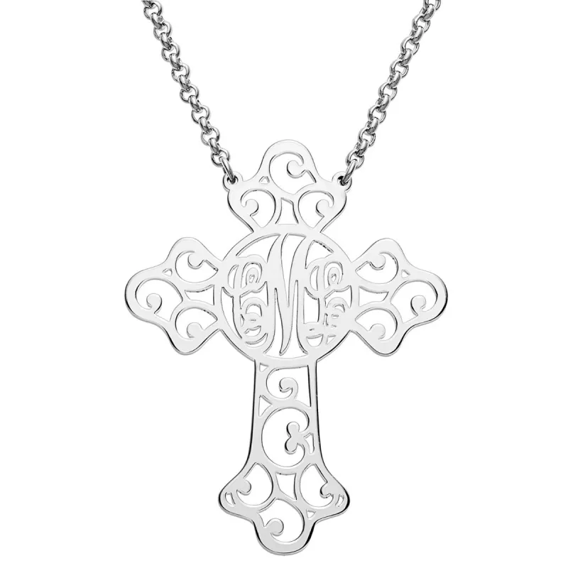 Silver Plated Filigree Cross with Monogram Necklace sold by Limoges Jewelry