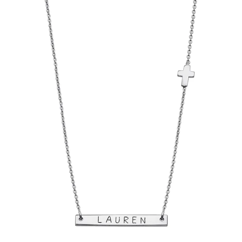 Sterling Silver Mini Bar Name with Cross Necklace sold by Limoges Jewelry