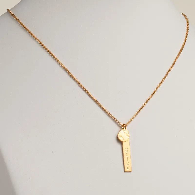 14K Gold Plated Name Necklace with Baseball Charm Dangle sold by Limoges Jewelry