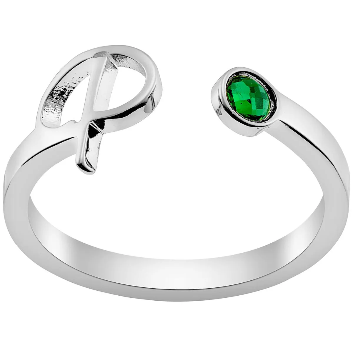 Silver Plated Script Initial and Birthstone Open Ring sold by Limoges Jewelry