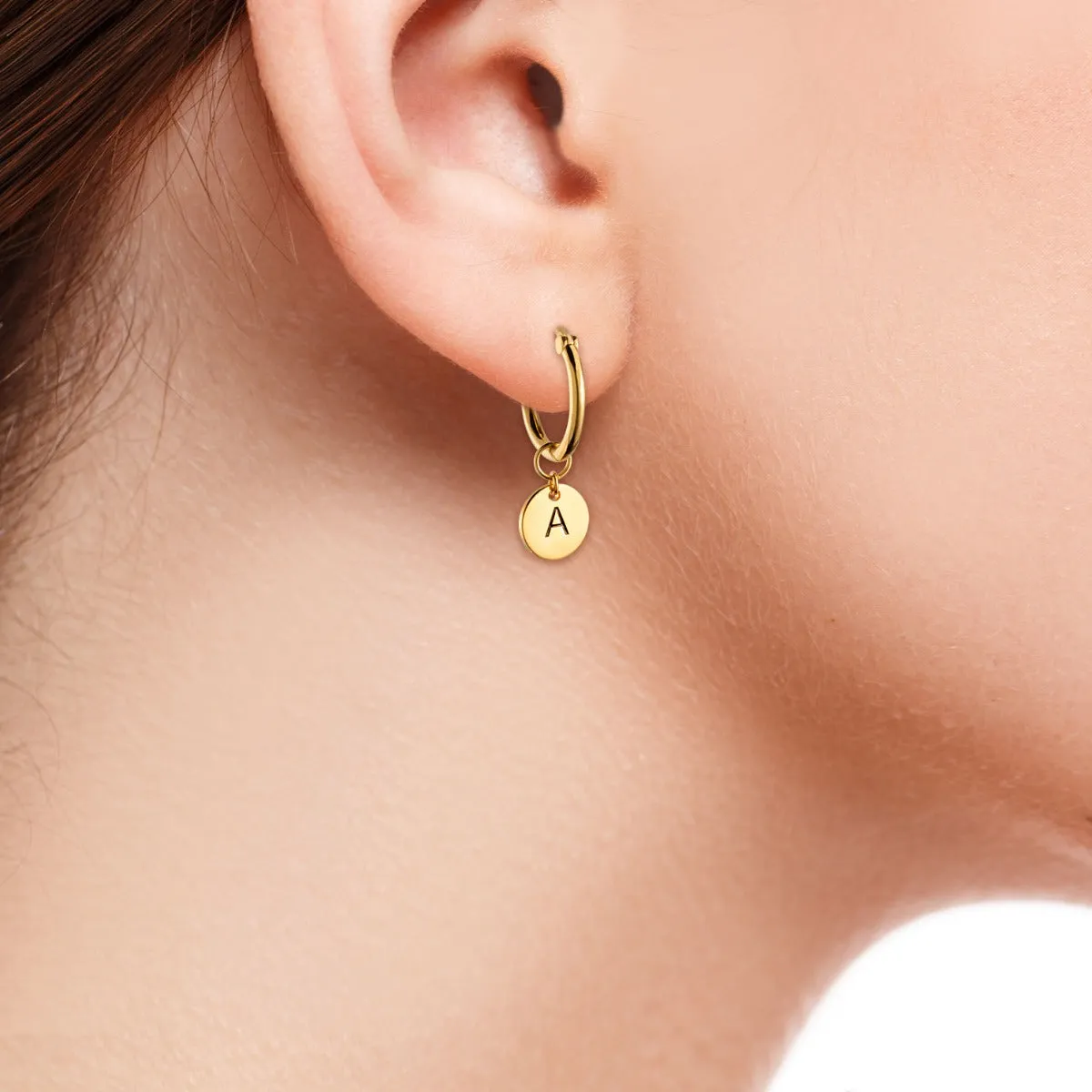 14K Gold Plated Drop Disc Initial Huggie sold by Limoges Jewelry product image thumbnail 2