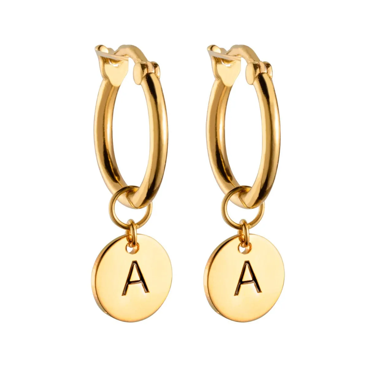 14K Gold Plated Drop Disc Initial Huggie sold by Limoges Jewelry