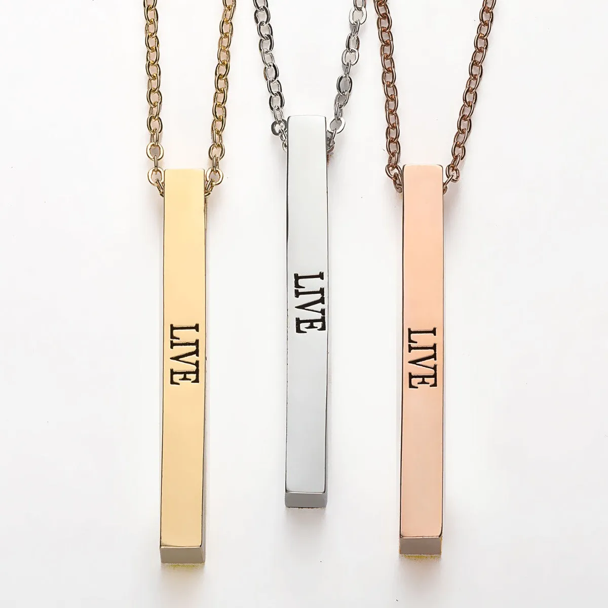 Vertical 4-sided Bar 'Live, Love, Laugh' Engraved Necklace sold by Limoges Jewelry