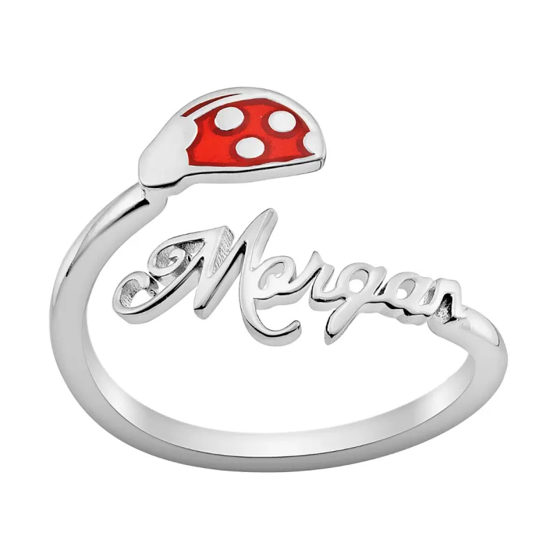 Silver Plated Silver Plated Script Name with Enamel Ladybug Bypass Ring sold by Limoges Jewelry