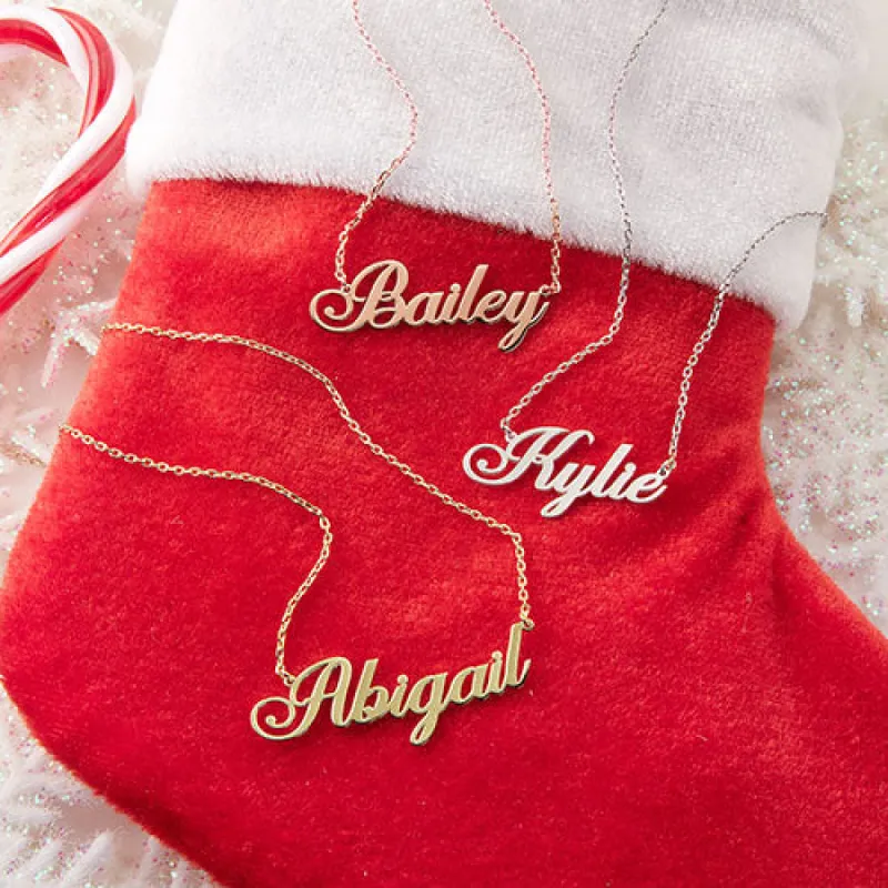 Sterling Silver Fancy Script Name Plaque with Free Stocking sold by Limoges Jewelry